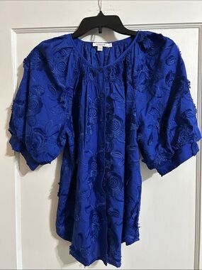 Chico's Cobalt Blue Textured Floral Puff-Sleeve Blouse